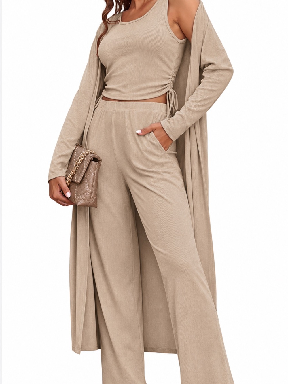 Ribbed Tank & Wide-Leg Pants Set in Beige